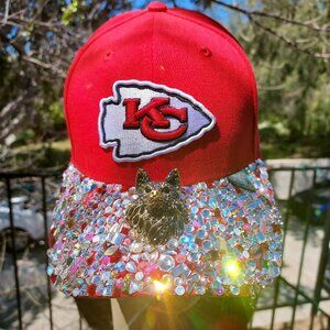 A Red Swarovski Crystal Kansas City Chiefs Hat W/Crystal WOLF Mascot